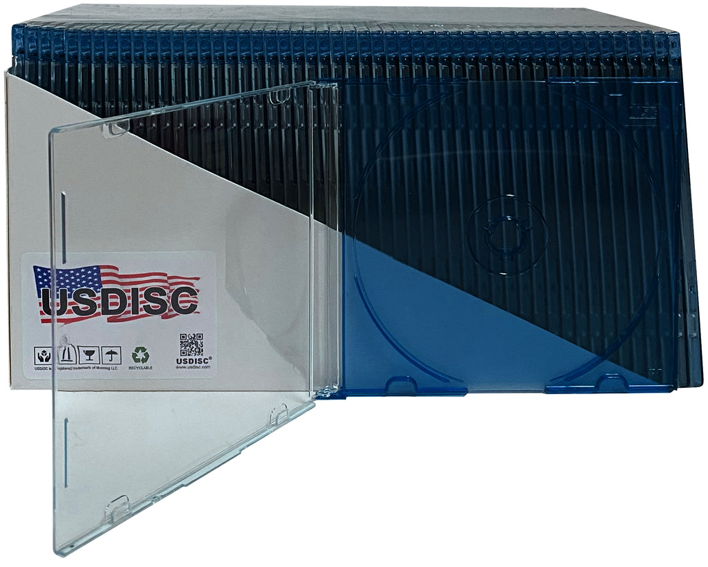 USDISC CD Jewel Cases Slimline 5.2mm, Single 1 Disc, Clear Blue