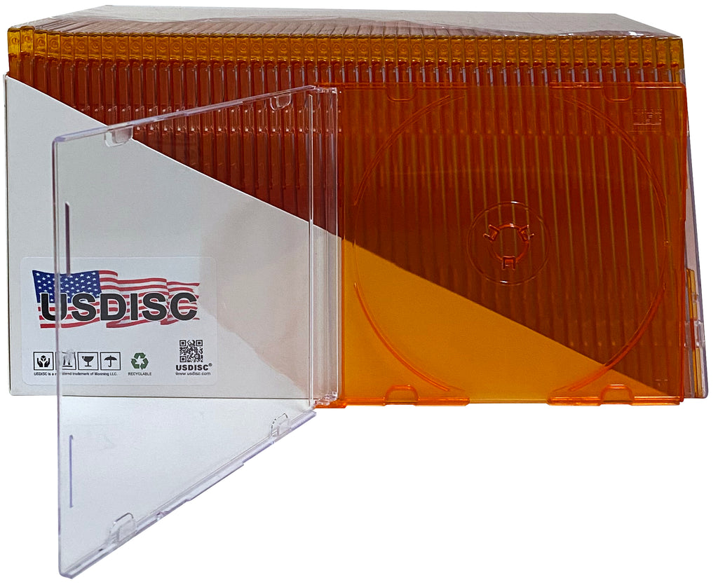 USDISC CD Jewel Cases Slimline 5.2mm, Single 1 Disc, Clear Orange