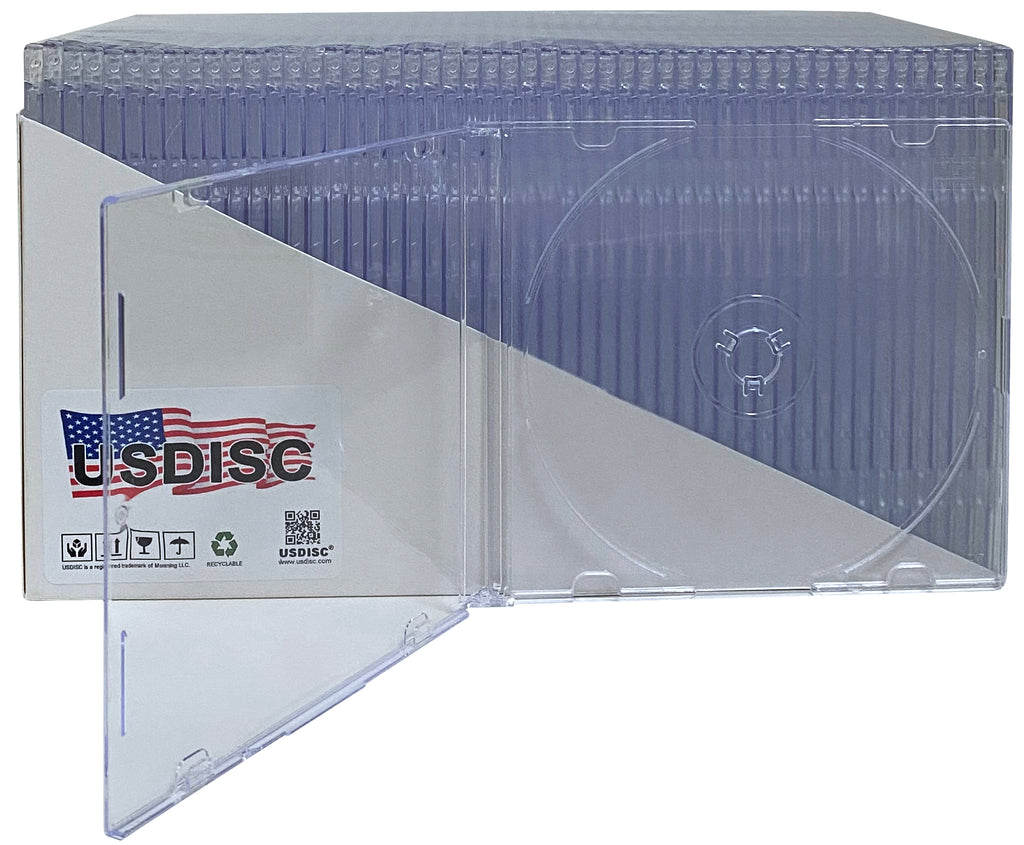 USDISC CD Jewel Cases Slimline 5.2mm, Single 1 Disc, Clear