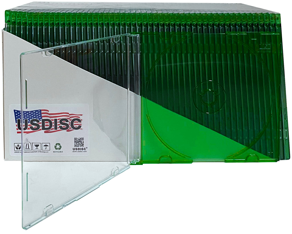 USDISC CD Jewel Cases Slimline 5.2mm, Single 1 Disc, Clear Green