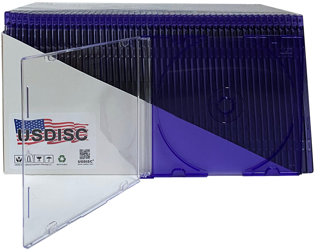 USDISC CD Jewel Cases Slimline 5.2mm, Single 1 Disc, Clear Purple