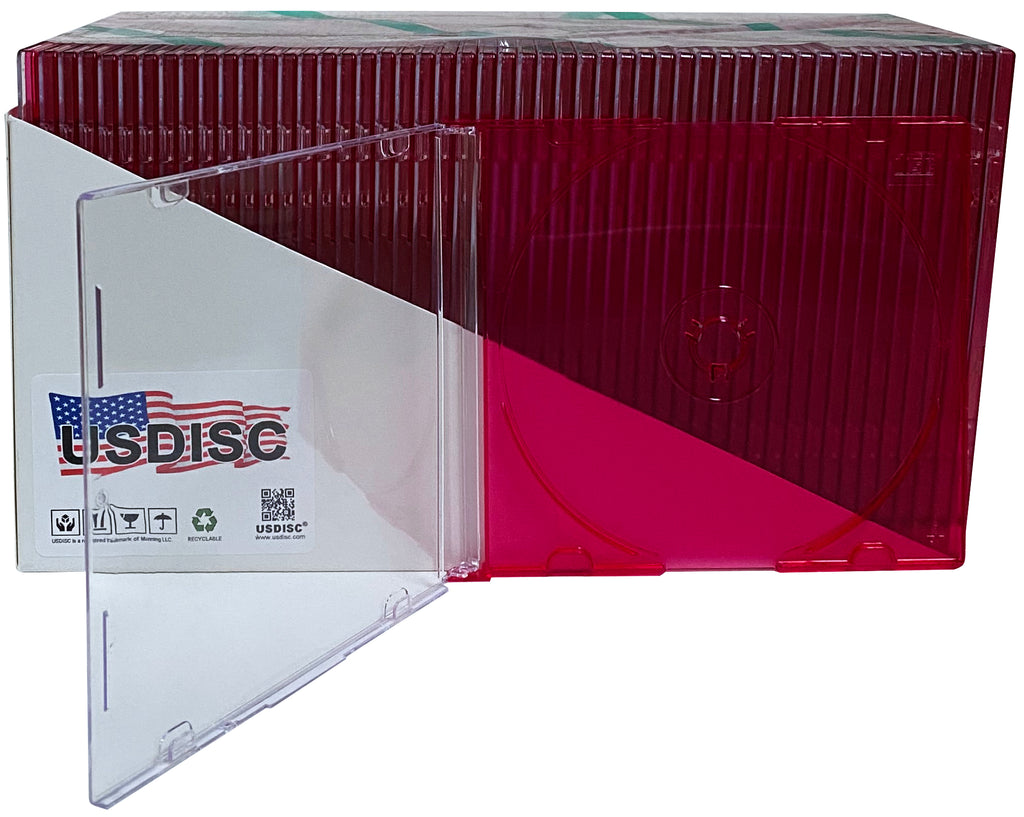 USDISC CD Jewel Cases Slimline 5.2mm, Single 1 Disc, Clear Red